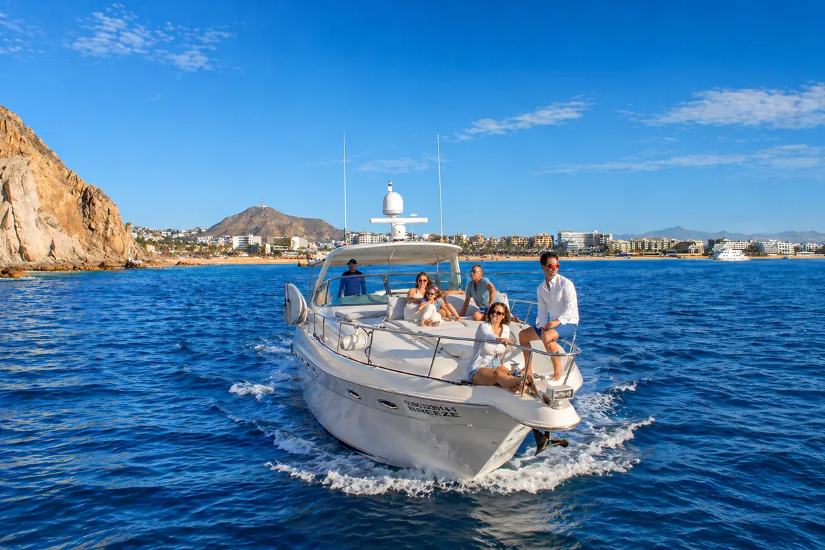 Luxury yacht cruising on sunny waters at Land's End