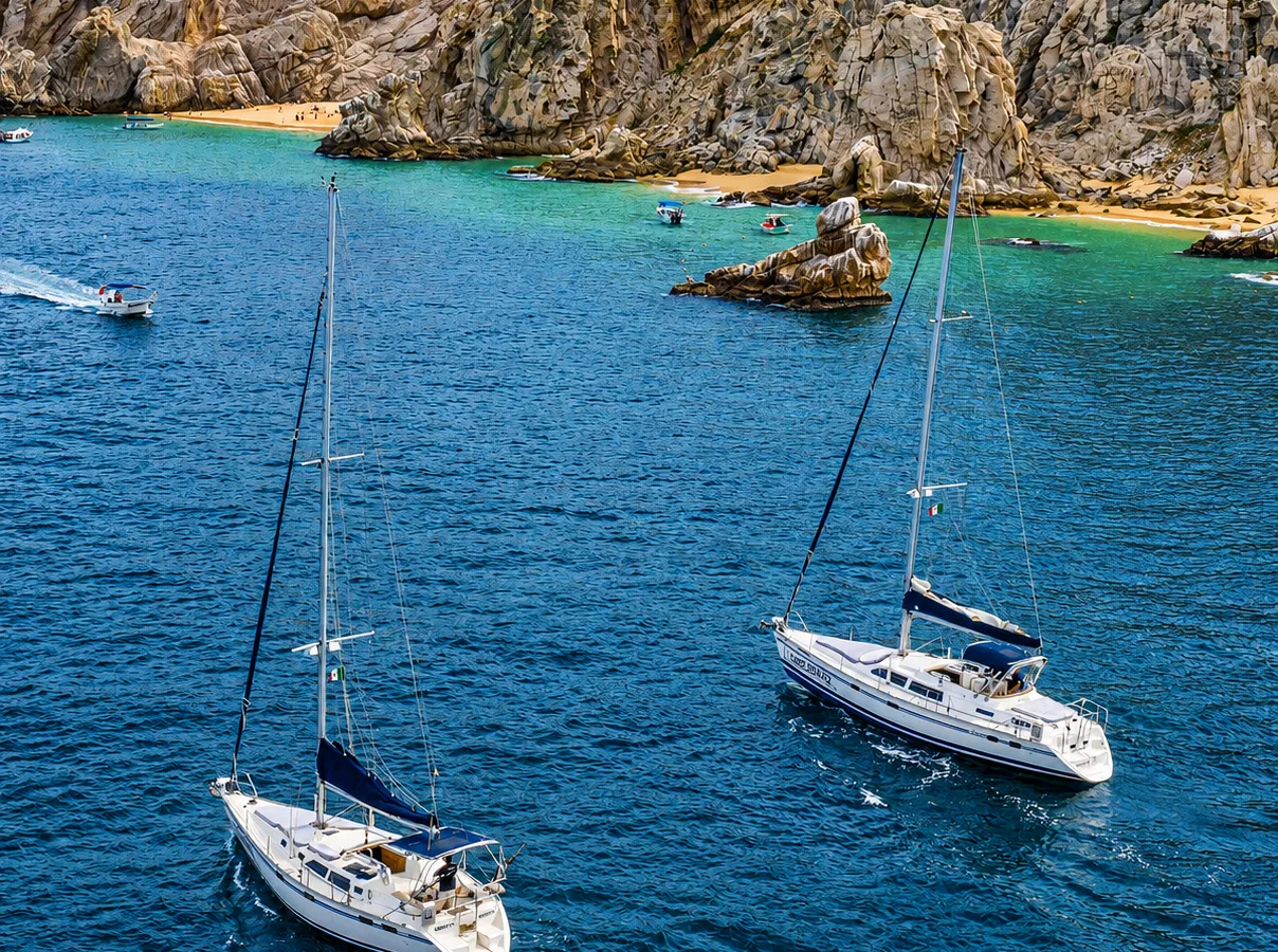 Sailboats passing by Pelican Rock at Land's End, Cabo San Lucas