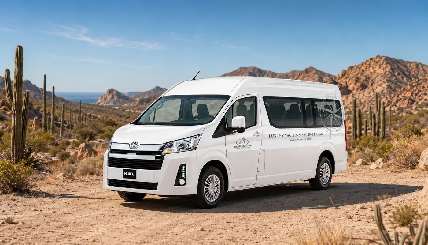 Cabo Sailing shuttle van in the desert