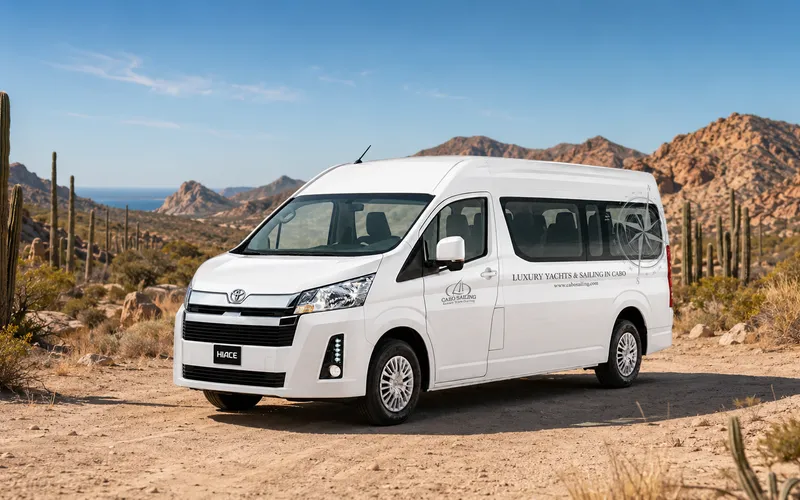 Cabo Sailing shuttle van in the desert