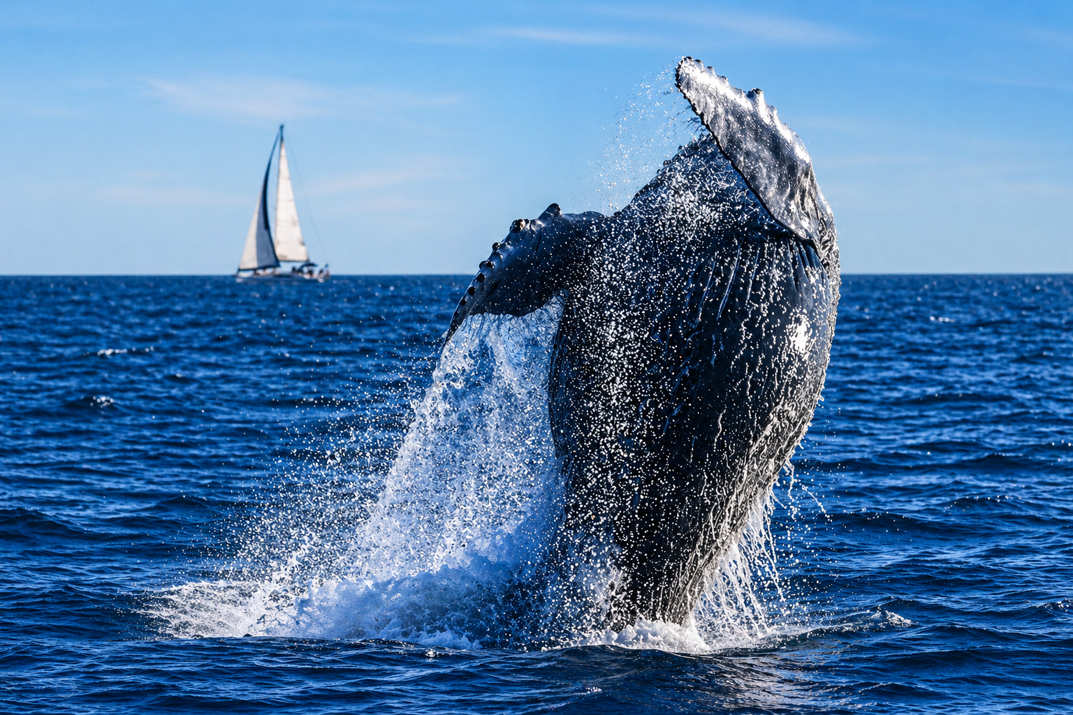 Humpback whale breaching in vibrant ocean