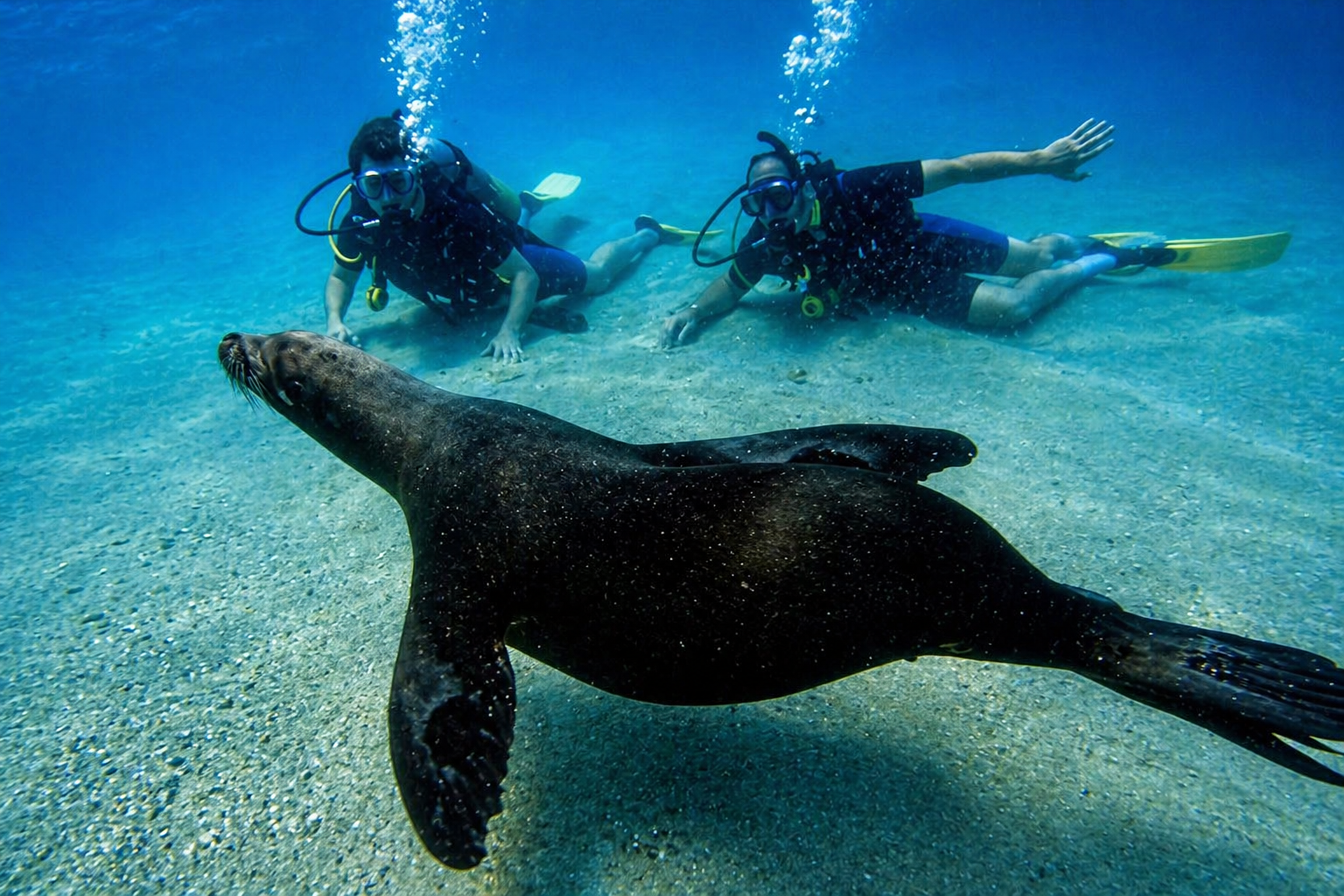 Seal and divers in underwater harmony