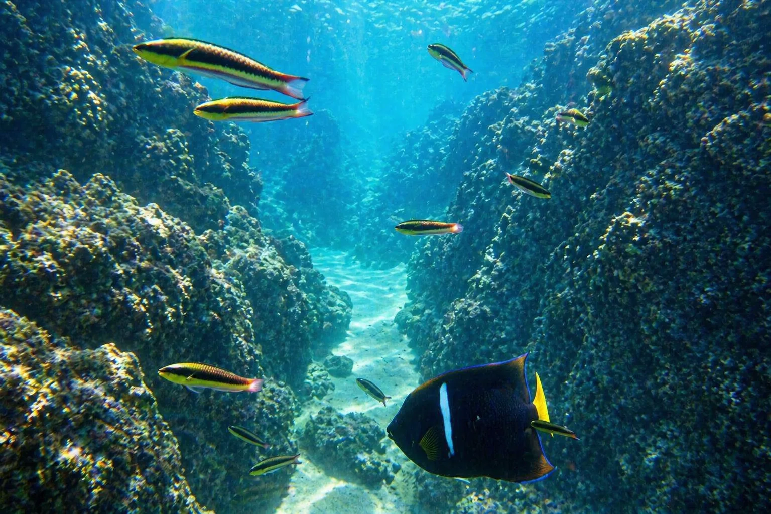 Vibrant underwater reef canyon scene at Lover's Beach in Cabo San Lucas